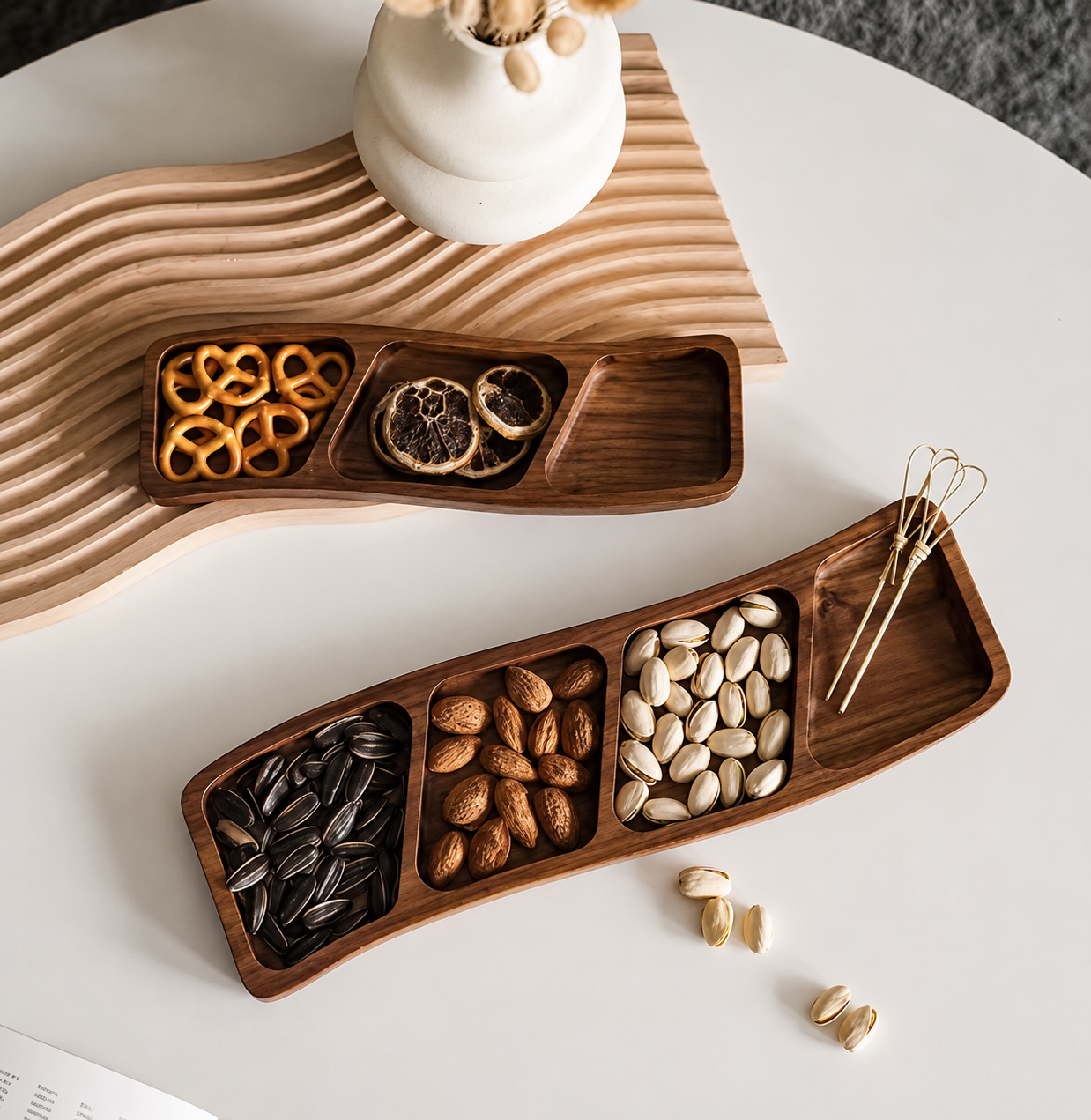 Wooden Divided Snack Tray with Compartments for Nuts & Fruit