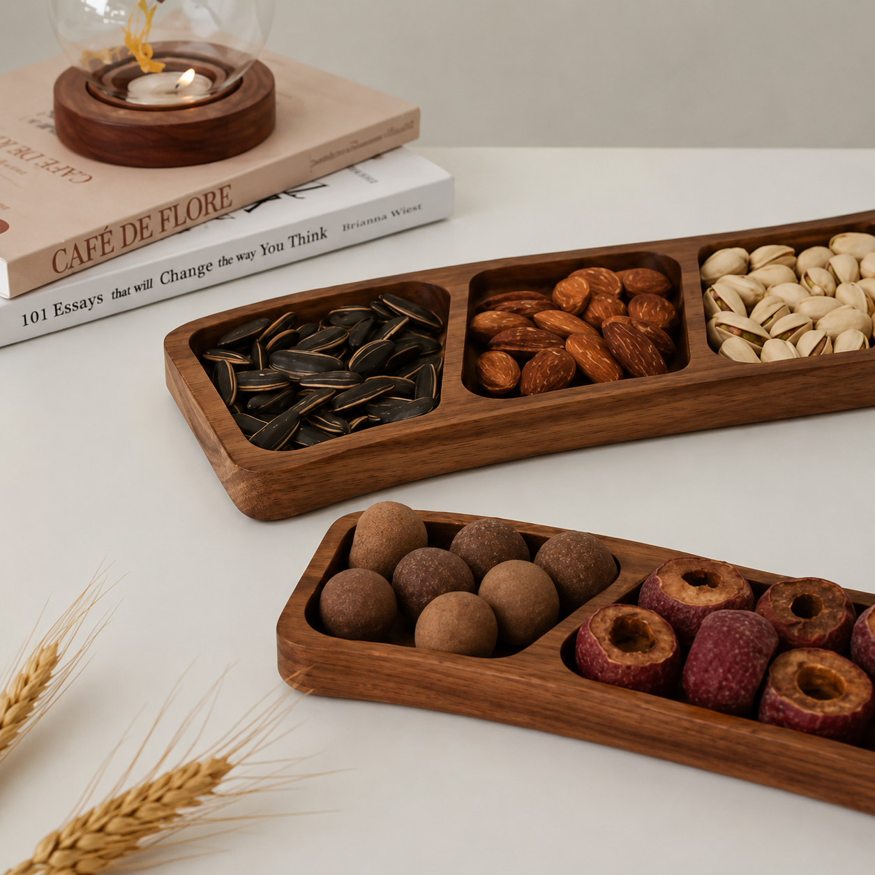 Wooden Divided Snack Tray with Compartments for Nuts & Fruit