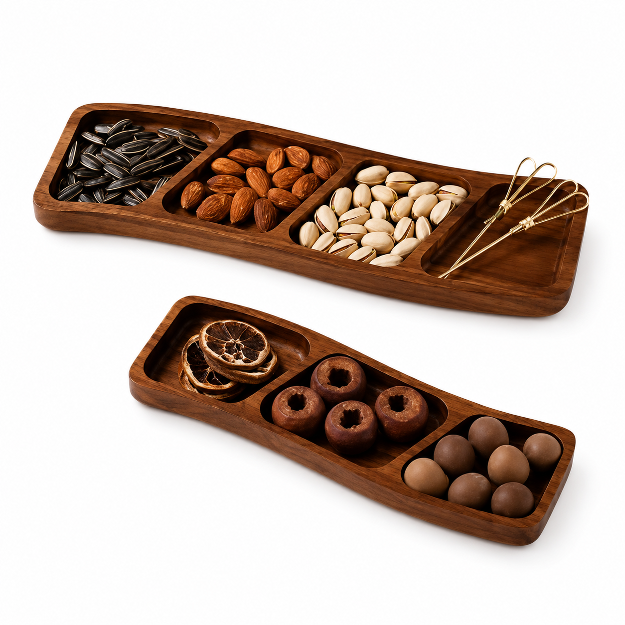 Wooden Divided Snack Tray with Compartments for Nuts & Fruit
