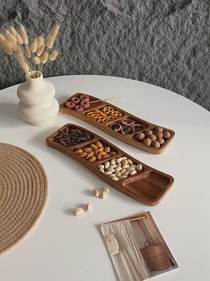 Wooden Divided Snack Tray with Compartments for Nuts & Fruit
